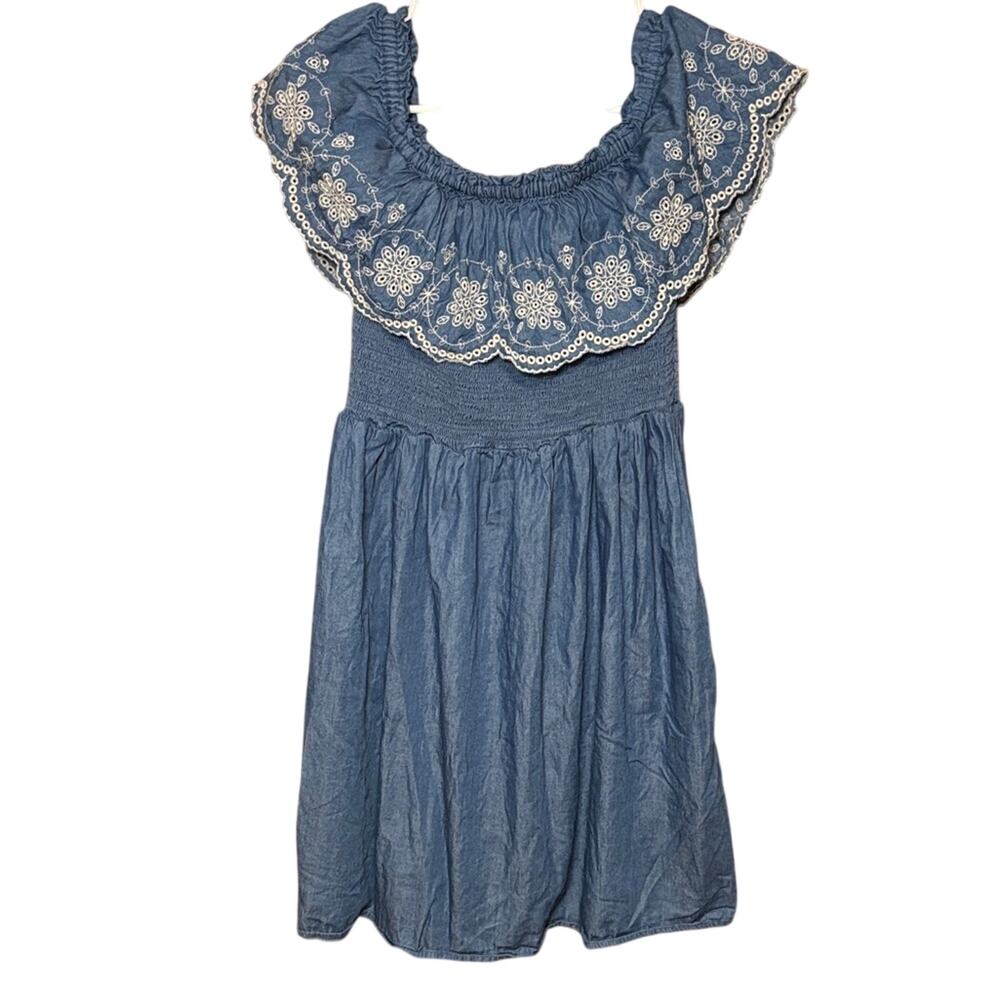 Xhilaration Womens Medium Blue Chambray Off Shoulder Embroidered Boho Dress